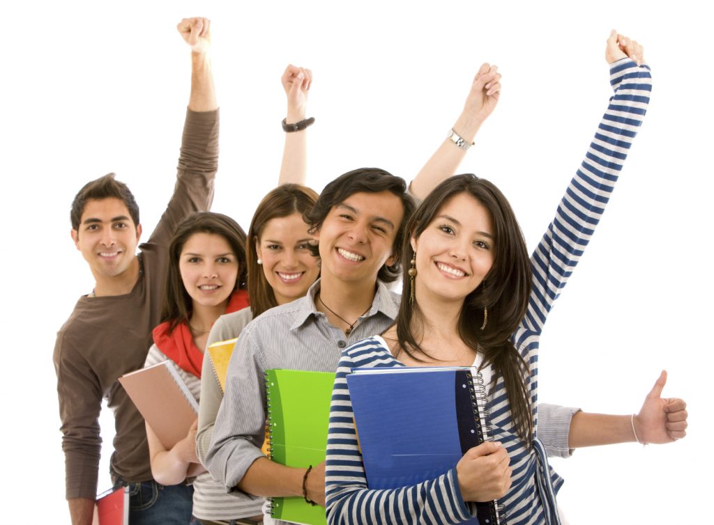 Group of excited students isolated over a white background